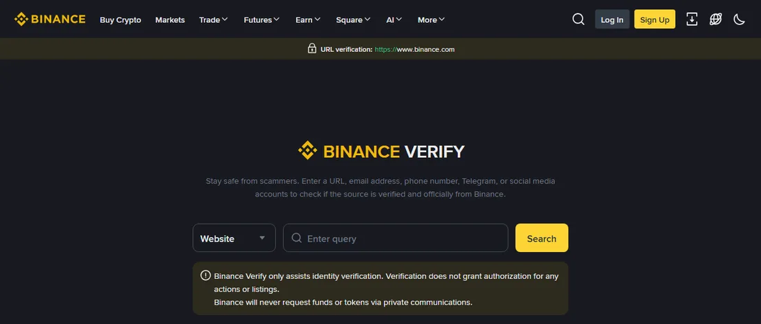 Binance Verify med raden URL verification https://www.binance.com överst och sökfältet inställt på Website