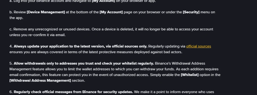Snimak Binance bloga, tačka 3: pregled Device Management i rečenica da obrisani uređaj ne može pristupiti nalogu dok ga ponovo ne potvrdite e-mailom