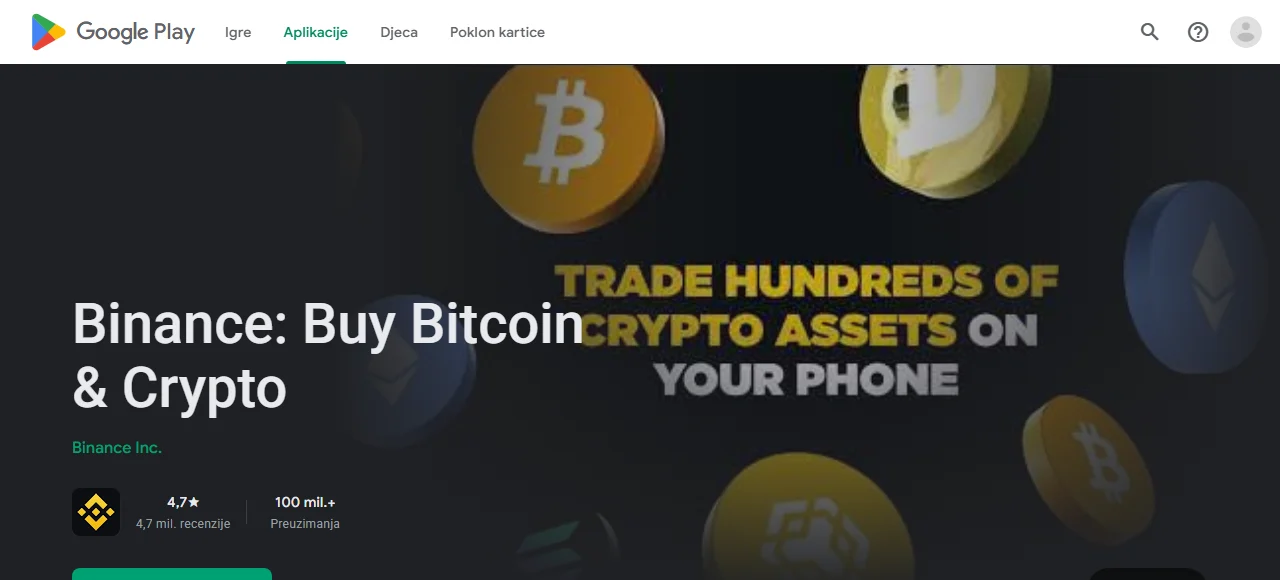 Google Play stranica aplikacije Binance na bosanskom jeziku s izdavačem Binance Inc., ocjenom 4,7 i oznakom 100 mil.+ preuzimanja
