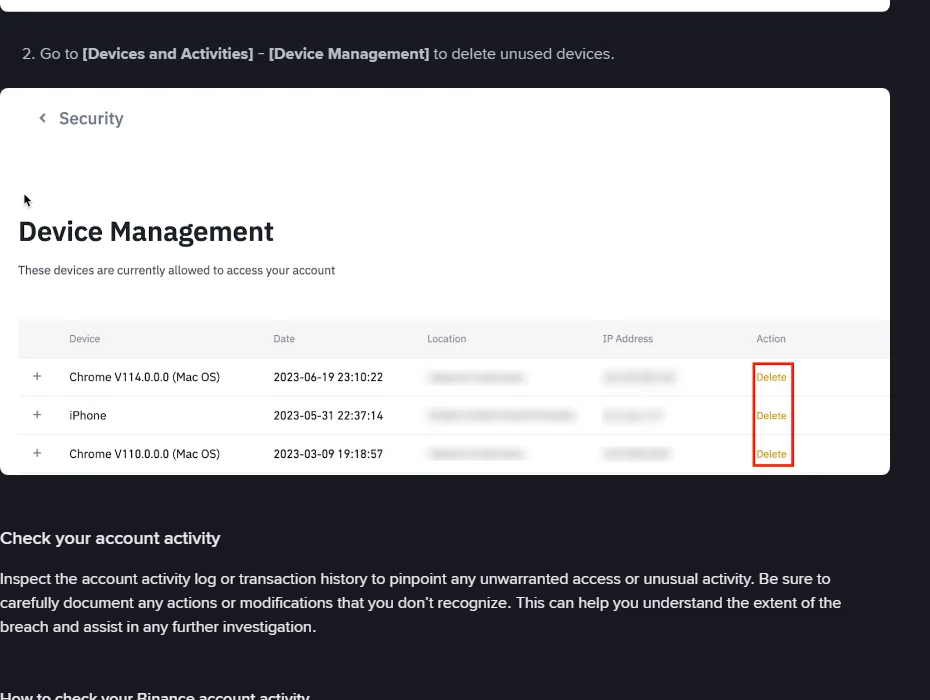 Zvanični Binance snimak stranice Device Management s kolonama Device, Date, Location i IP Address; lokacije i IP adrese je Binance zamutio, a dugmad Delete su crveno označena
