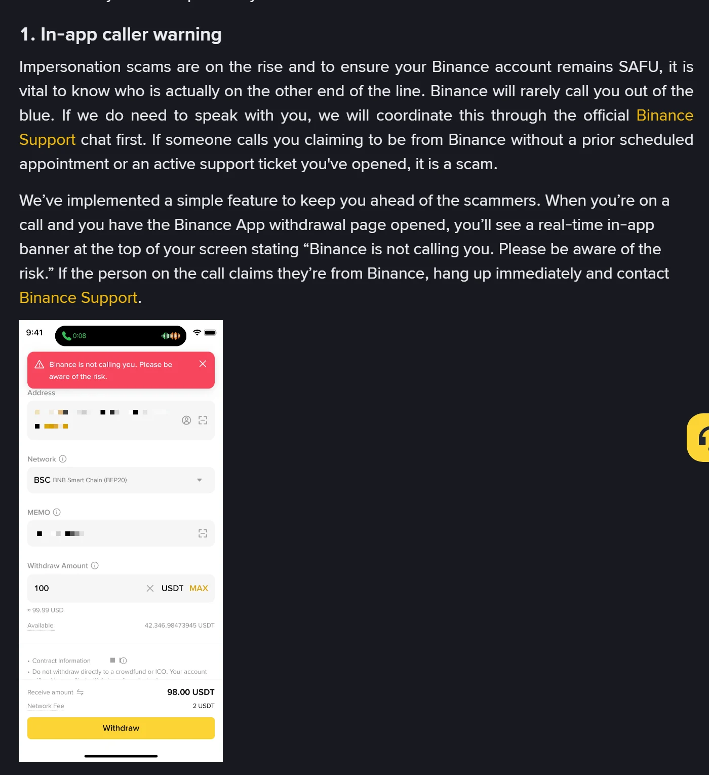 Stranica pomoći Binance Withdrawal Anti-Scam Measures, odjeljak o upozorenju na poziv, s primjerom crvene trake „Binance is not calling you. Please be aware of the risk." na vrhu ekrana za isplatu