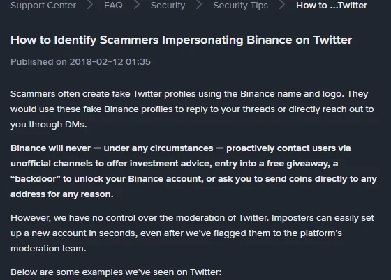 Binances hjälpsida om bedragare på Twitter, publicerad 2018-02-12, med stycket om att Binance aldrig proaktivt kontaktar användare via inofficiella kanaler och att Binance inte kontrollerar modereringen på Twitter