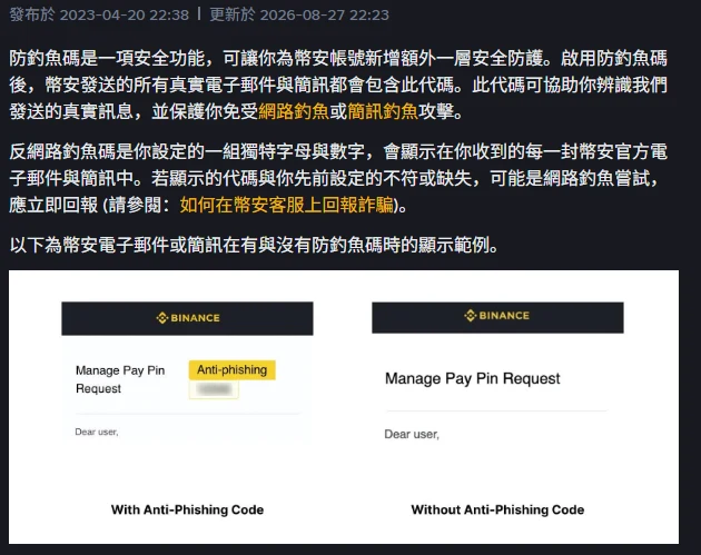 幣安繁體中文說明頁上防釣魚碼的定義段落，以及官方提供的有碼與無碼郵件對照圖